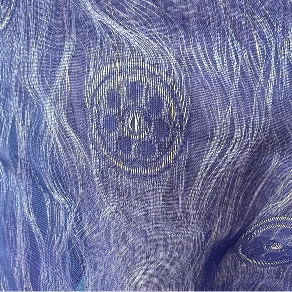 100% SILK BLUE COLORBLOCK GOLD THREAD MIXED MEDIA LARGE SCARF WRAP - Picture 6 of 7